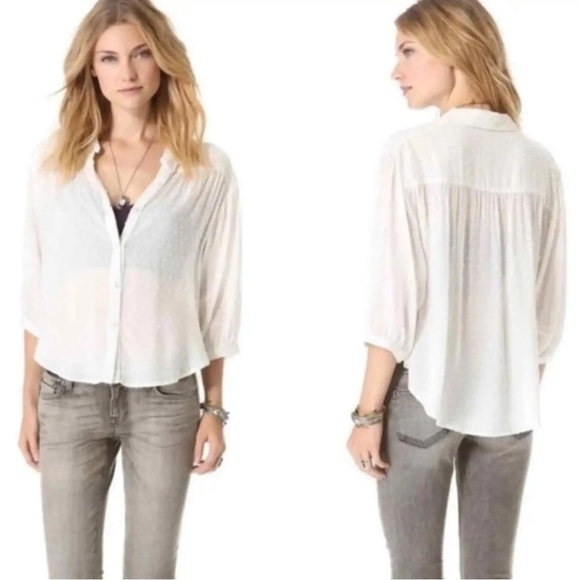 Free People Tops - Free People Sparrow White Swiss Dot Blouse long Sleeve Boho